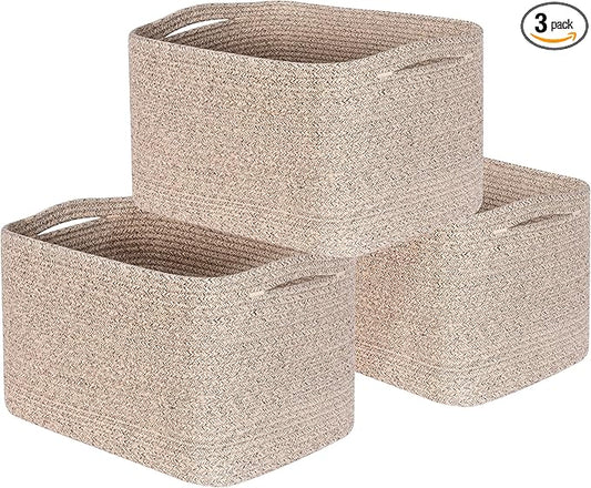 MINTWOOD Design 3-Pack Decorative Woven Storage Baskets for Shelves, Cube Bin Box for Organizing Books, Shoes, Dog Toys, Pantry Closet and Living Room Organizer, Oatmeal Brown