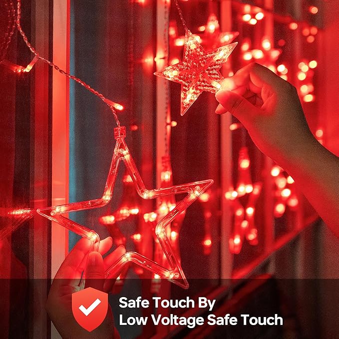 Red Christmas Star Icicle Lights,8.2FT 126LED Curtain String 8 Modes Memory Timer,Connectable Plug in Waterproof for Halloween/Valentine's Day/Patio/Wedding/Party/Xmas Indoor Outdoor Decor,Red