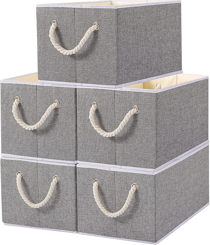 Yawinhe Foldable Storage Basket 5-Pack, Large Fabric Bins with Rope Handle, Used for Organizing Shelves, Closets, Clothes, 12.99''Lx9.05''Wx7.87''H, Grey