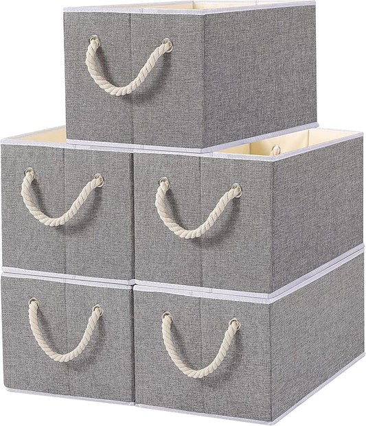 Yawinhe Foldable Storage Basket 5-Pack, Large Fabric Bins with Rope Handle, Used for Organizing Shelves, Closets, Clothes, 12.99''Lx9.05''Wx7.87''H, Grey